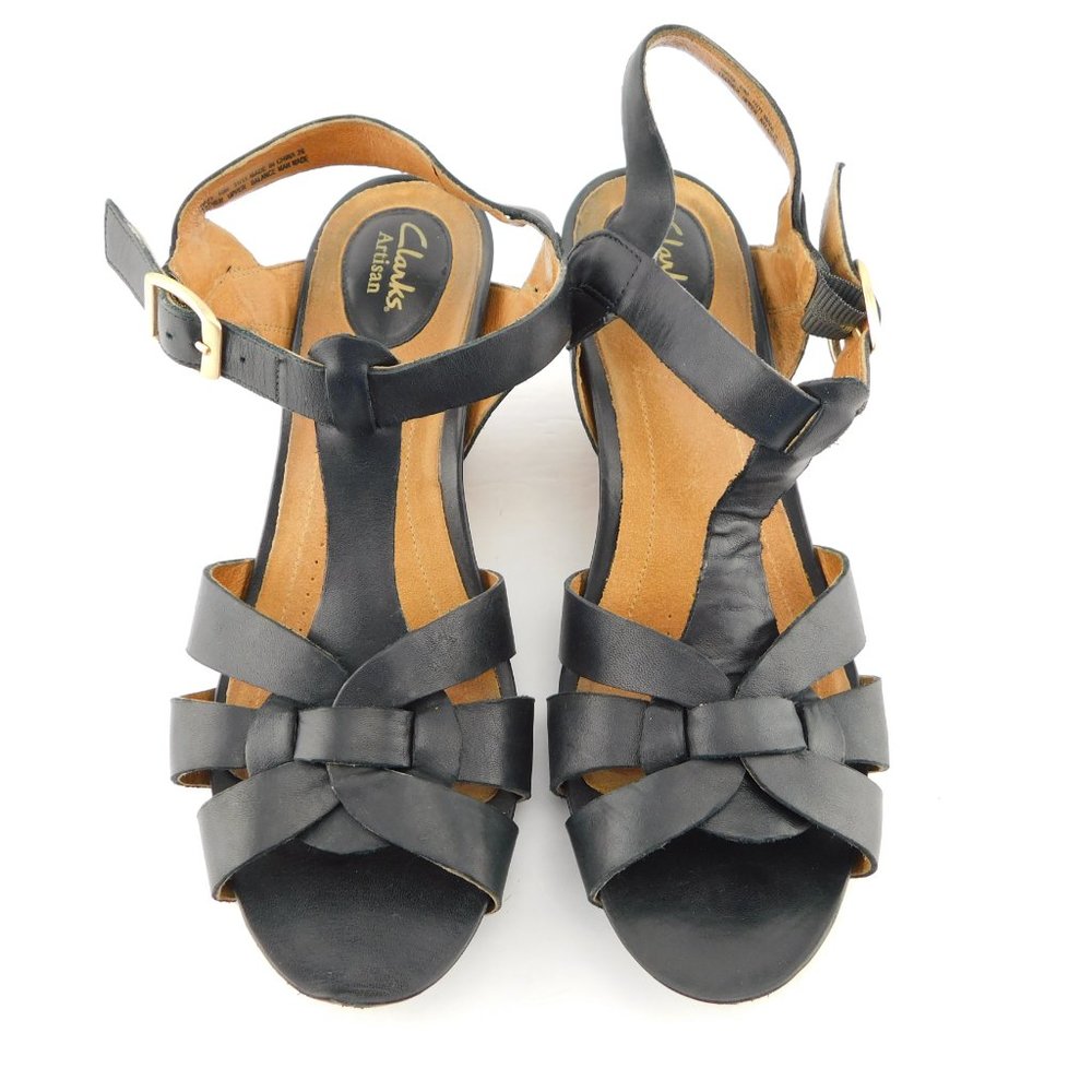 CLARKS ARTISAN Black Leather T Strap Wedge Heel Sandals 10